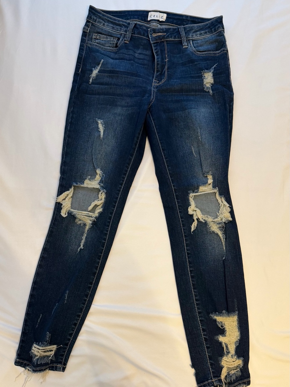 CeCe Dark Wash Distressed Skinny Jeans - Navy Blue